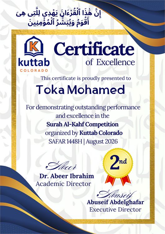 Certificate of Excellence awarded to Toka Mohamed, Second Place